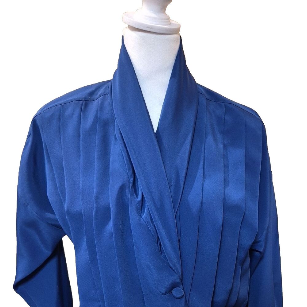 Vintage Marlis 80s Padded Shoulder Blouse Royal Blue Wrap Top Petite Small PS 90 - Picture 4 of 13
